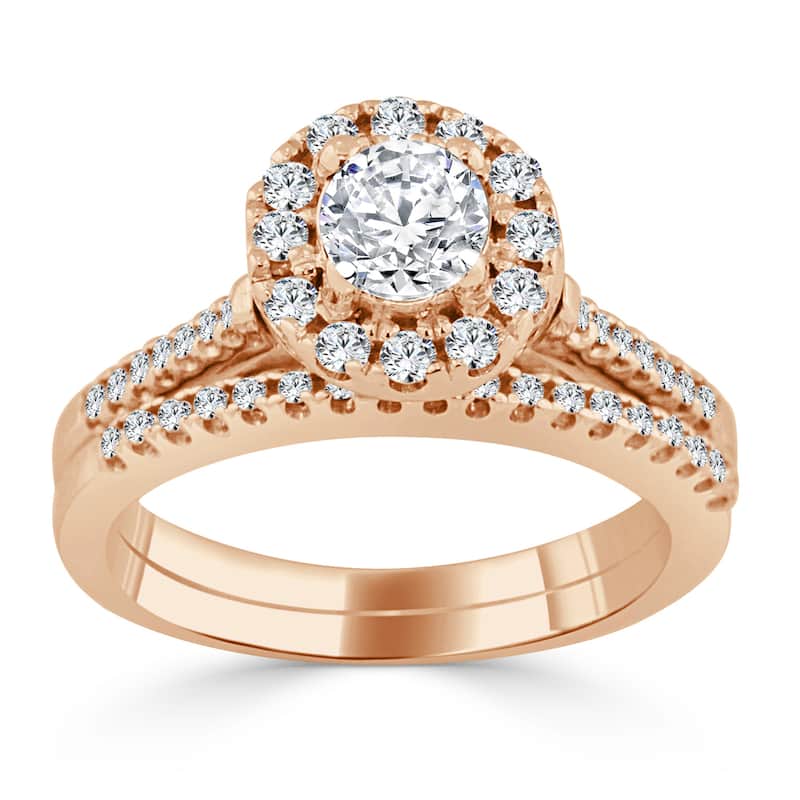 14k Gold 3/4ct TDW Round Halo Diamond Engagement Ring Set by Auriya