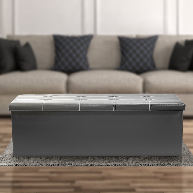 Sorbus® Storage Bench Chest– Collapsible/Folding Bench Ottoman with Cover Contemporary Faux leather (Gray)