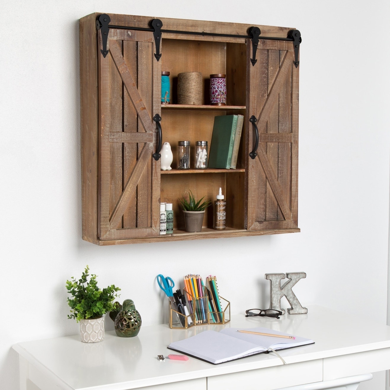 Kate and Laurel Cates Rustic Wood Wall Storage with Barn Doors