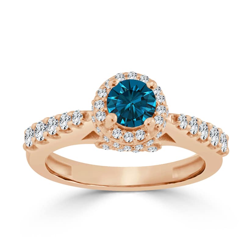 14k Gold 1ct TDW Round Blue Diamond Halo Engagement Ring by Auriya (H-I, I1-I2)