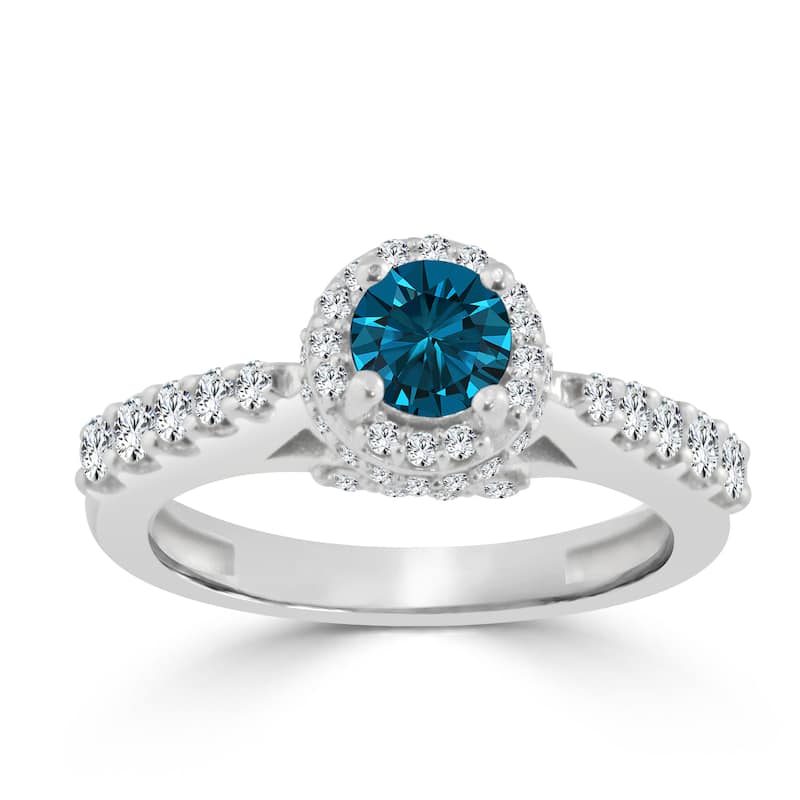 14k Gold 1ct TDW Round Blue Diamond Halo Engagement Ring by Auriya (H-I, I1-I2)