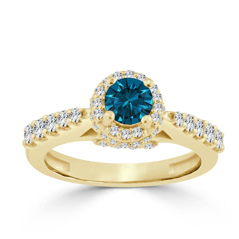 14k Gold 1ct TDW Round Blue Diamond Halo Engagement Ring by Auriya (H-I, I1-I2)