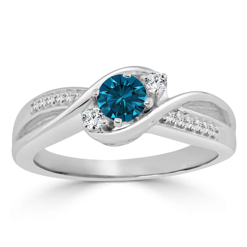 14k Gold Twisted Three Stone 1/2ctw Blue Diamond Engagement Ring - 4 - White