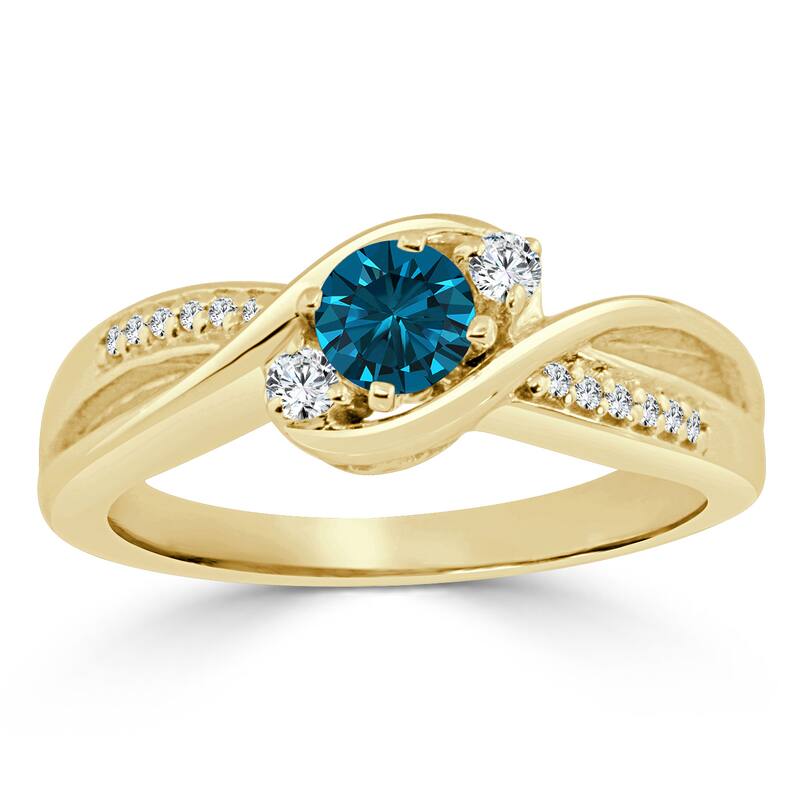 14k Gold Twisted Three Stone 1/2ctw Blue Diamond Engagement Ring - 4 - Yellow
