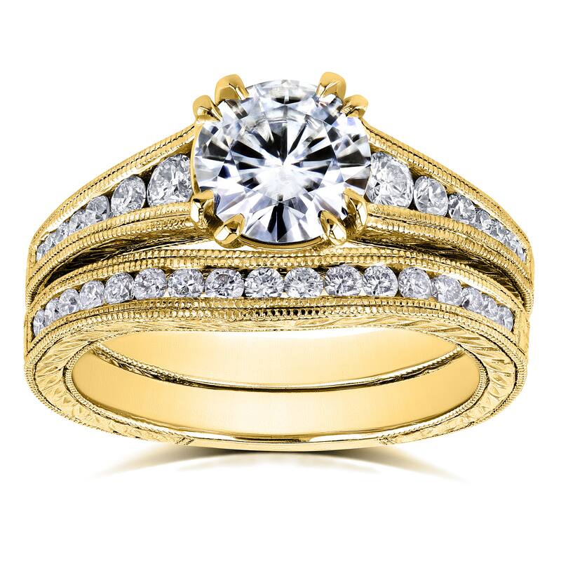 Annello by Kobelli 14k Yellow Gold 1 1/2ct TGW Forever One Moissanite and Diamond Bridal Set
