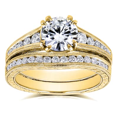 Annello by Kobelli 14k Yellow Gold 1 1/2ct TGW Forever One Moissanite and Diamond Bridal Set