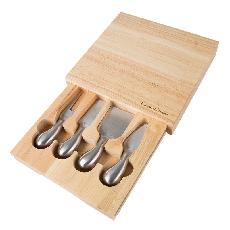 Classic Cuisine Cheese Board 5 piece Set with Stainless Steel Tools and Wood Cutting Block