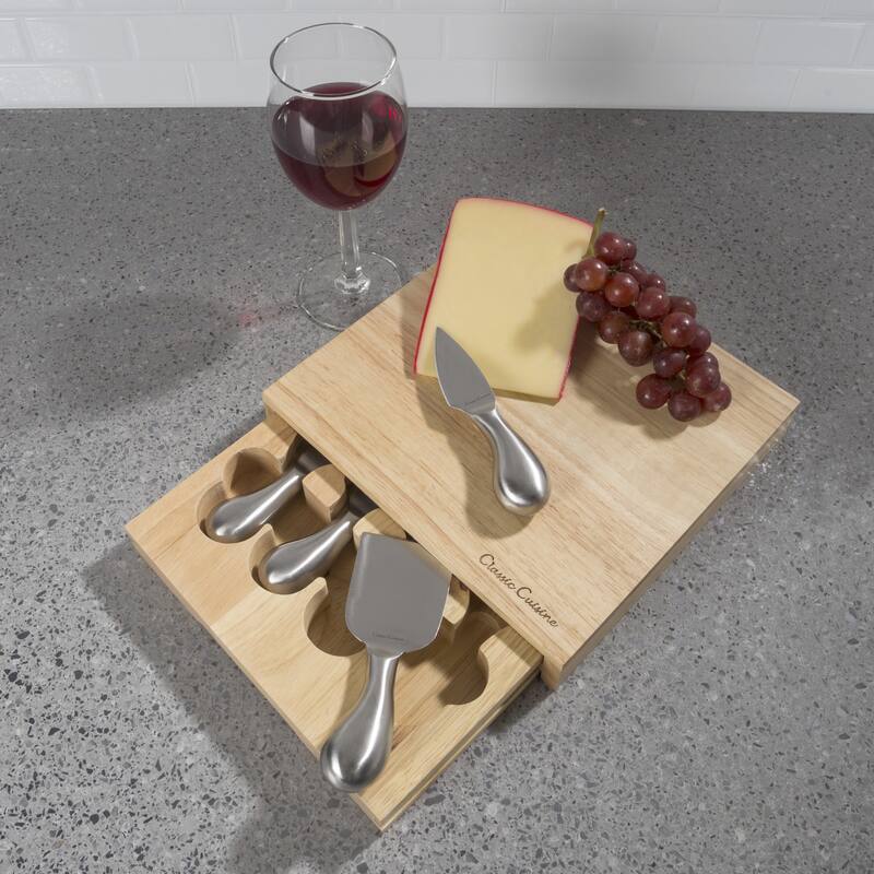 Classic Cuisine Cheese Board 5 piece Set with Stainless Steel Tools and Wood Cutting Block