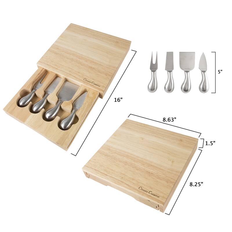 Classic Cuisine Cheese Board 5 piece Set with Stainless Steel Tools and Wood Cutting Block