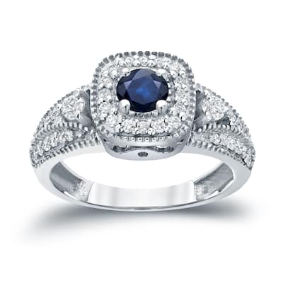 Three Stone 1/5ct Blue Sapphire and 2/5ct TDW Diamond Halo Engagement Ring in 14k Gold by Auriya