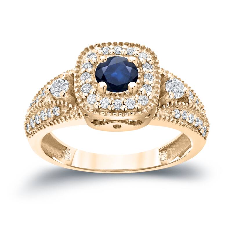 Three Stone 1/5ct Blue Sapphire and 2/5ct TDW Diamond Halo Engagement Ring in 14k Gold by Auriya