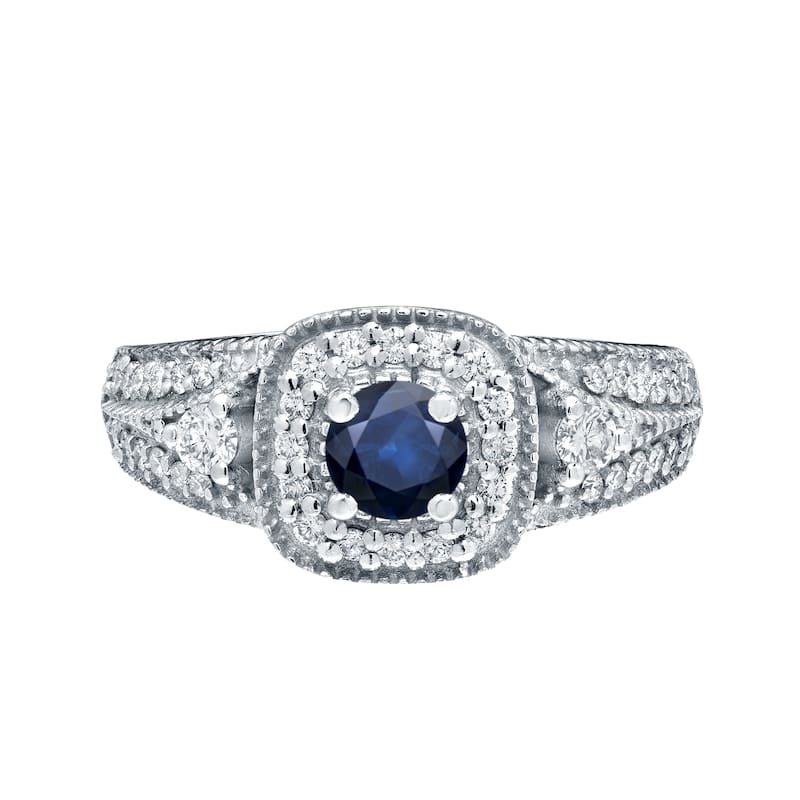 Three Stone 1/5ct Blue Sapphire and 2/5ct TDW Diamond Halo Engagement Ring in 14k Gold by Auriya