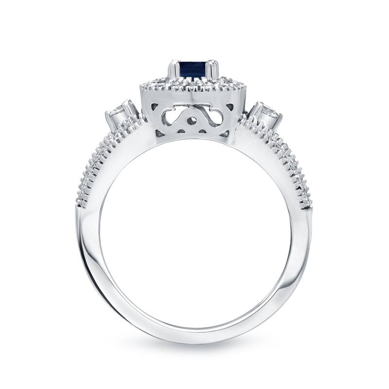 Three Stone 1/5ct Blue Sapphire and 2/5ct TDW Diamond Halo Engagement Ring in 14k Gold by Auriya