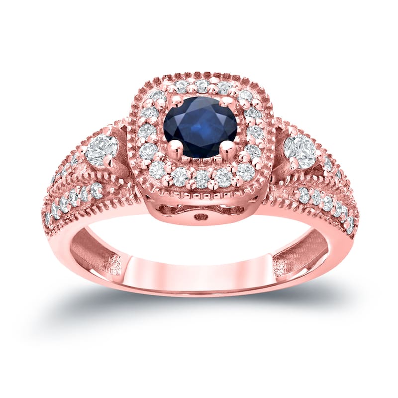 Three Stone 1/5ct Blue Sapphire and 2/5ct TDW Diamond Halo Engagement Ring in 14k Gold by Auriya
