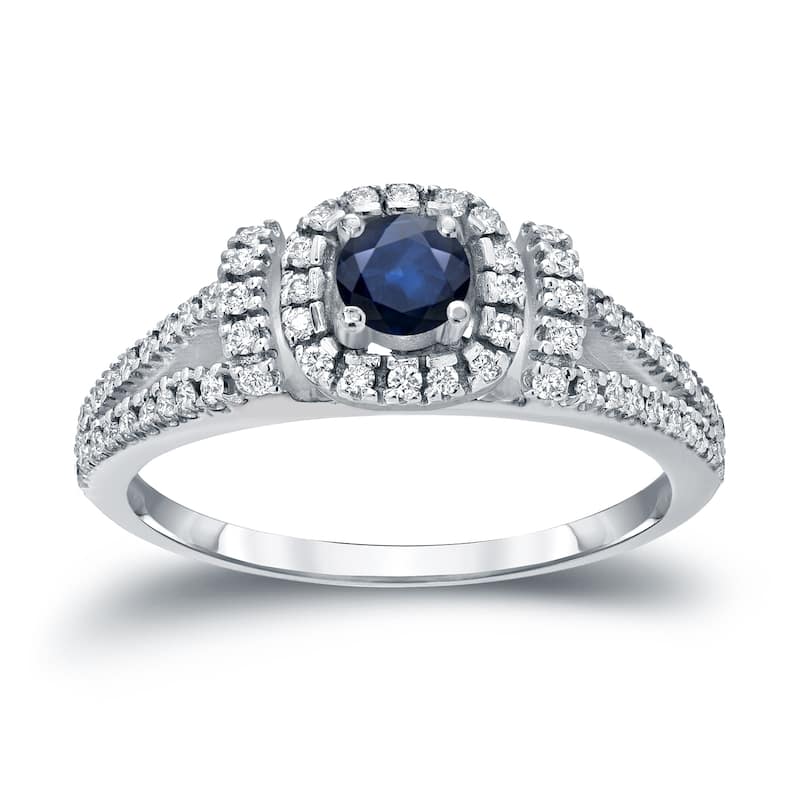 Round 1/5ct Blue Sapphire and 1/3ct TDW Diamond Halo Engagement Ring in 14k Gold by Auriya