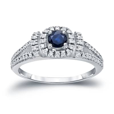 Round 1/5ct Blue Sapphire and 1/3ct TDW Diamond Halo Engagement Ring in 14k Gold by Auriya