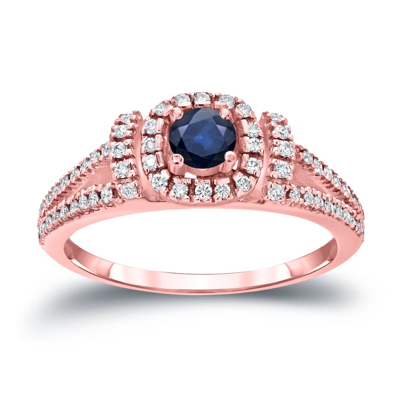 Round 1/5ct Blue Sapphire and 1/3ct TDW Diamond Halo Engagement Ring in 14k Gold by Auriya