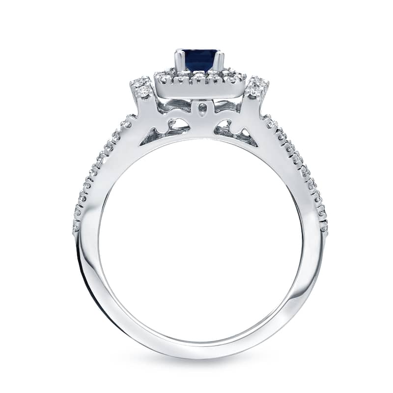 Round 1/5ct Blue Sapphire and 1/3ct TDW Diamond Halo Engagement Ring in 14k Gold by Auriya