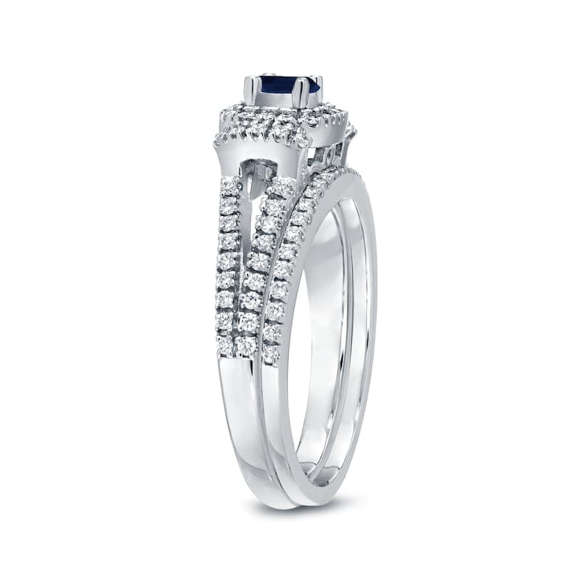 Round 1/5ct Blue Sapphire and 1/3ct TDW Diamond Halo Engagement Ring in 14k Gold by Auriya