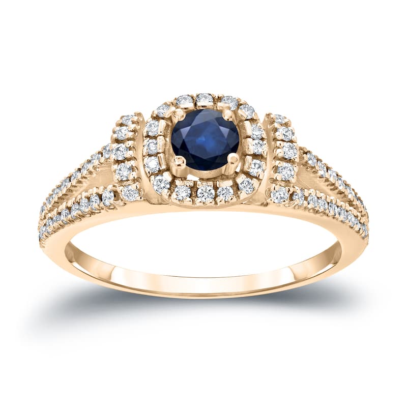 Round 1/5ct Blue Sapphire and 1/3ct TDW Diamond Halo Engagement Ring in 14k Gold by Auriya
