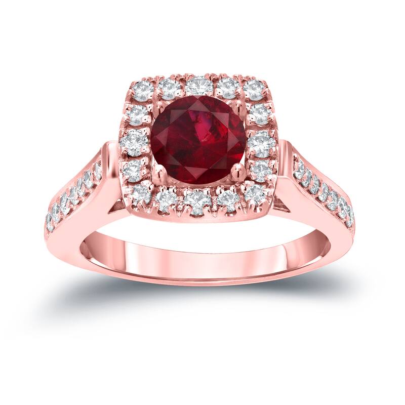 Round 1/5ct Red Ruby and 1/2ct TDW Diamond Halo Engagement Ring in 14k Gold by Auriya