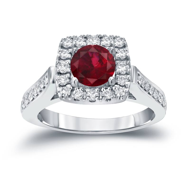 Round 1/5ct Red Ruby and 1/2ct TDW Diamond Halo Engagement Ring in 14k Gold by Auriya