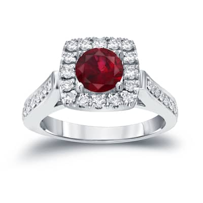 Round 1/5ct Red Ruby and 1/2ct TDW Diamond Halo Engagement Ring in 14k Gold by Auriya