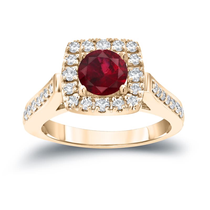Round 1/5ct Red Ruby and 1/2ct TDW Diamond Halo Engagement Ring in 14k Gold by Auriya