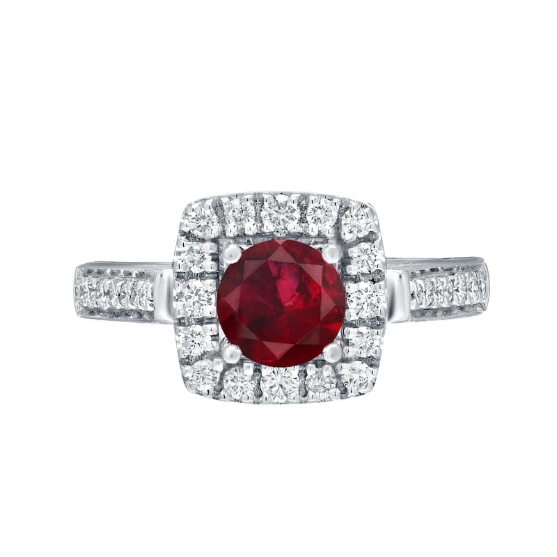 Round 1/5ct Red Ruby and 1/2ct TDW Diamond Halo Engagement Ring in 14k Gold by Auriya