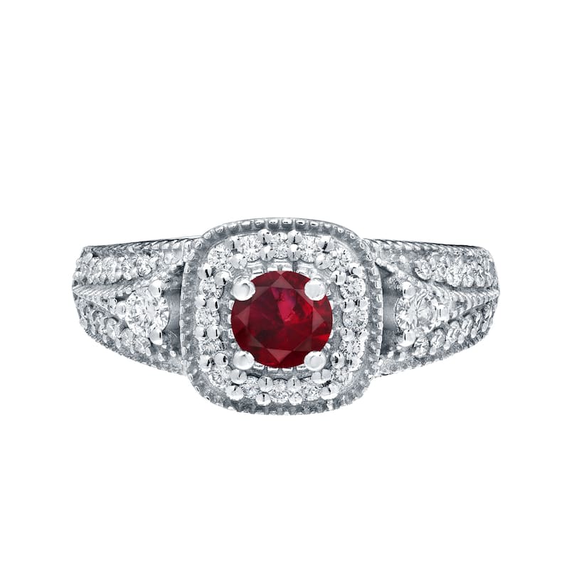 Round 1/5ct Red Ruby and 2/5ct TDW Diamond Halo Engagement Ring in 14k Gold by Auriya