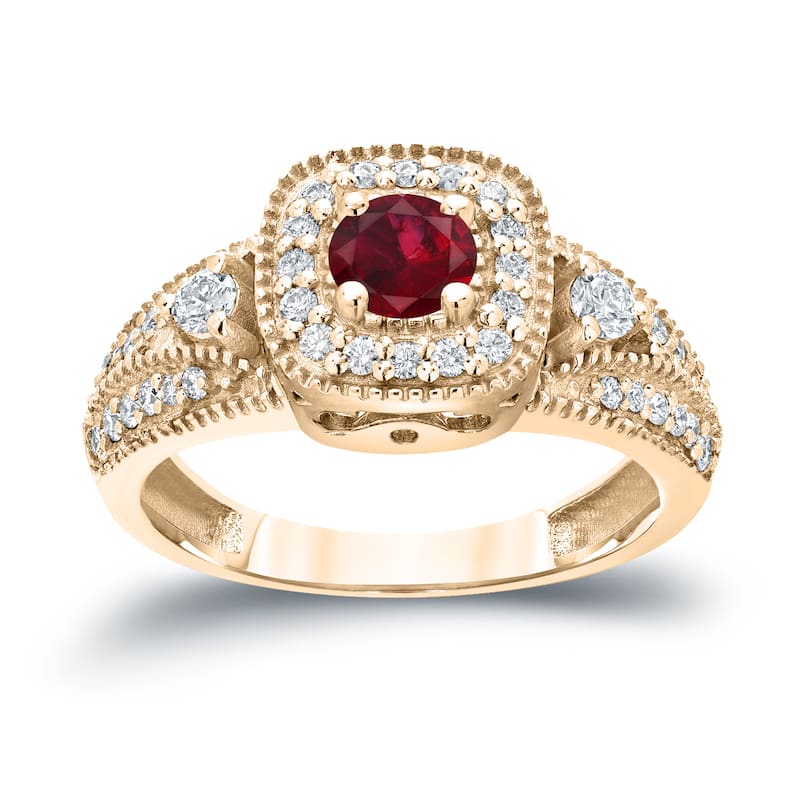 Round 1/5ct Red Ruby and 2/5ct TDW Diamond Halo Engagement Ring in 14k Gold by Auriya
