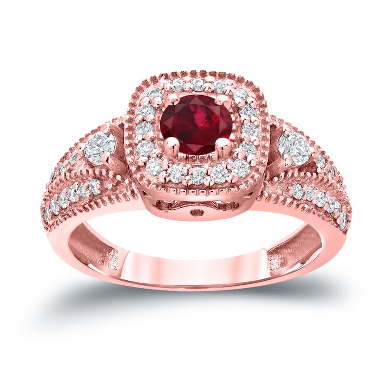 Round 1/5ct Red Ruby and 2/5ct TDW Diamond Halo Engagement Ring in 14k Gold by Auriya