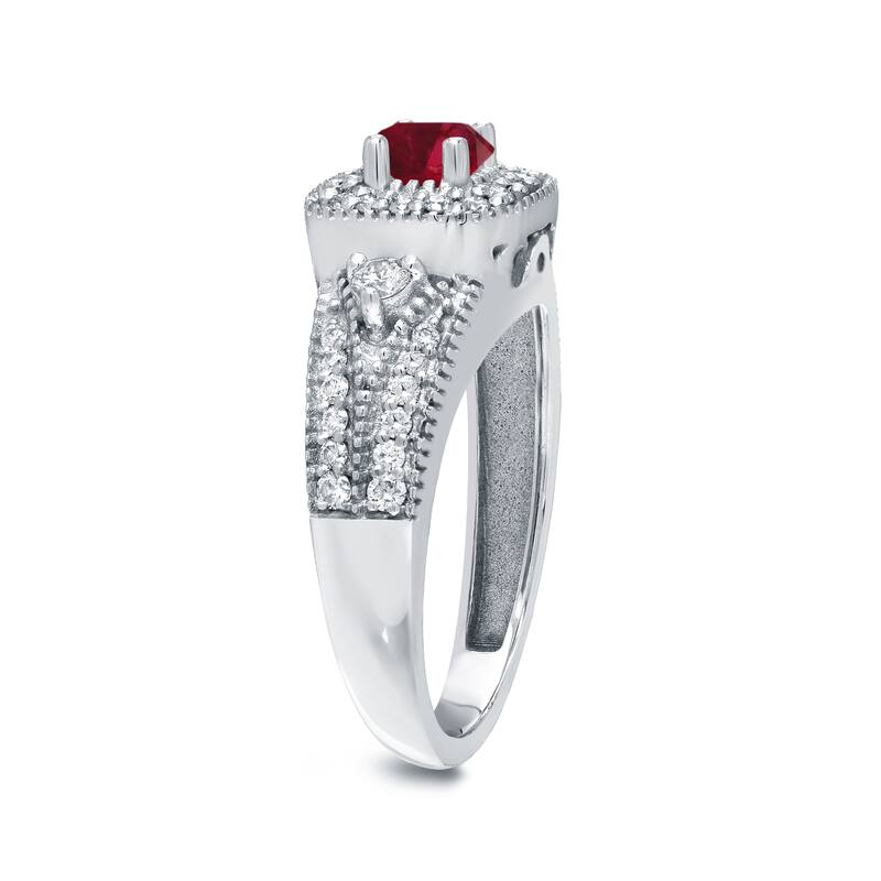 Round 1/5ct Red Ruby and 2/5ct TDW Diamond Halo Engagement Ring in 14k Gold by Auriya