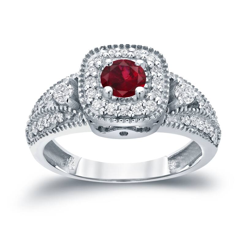Round 1/5ct Red Ruby and 2/5ct TDW Diamond Halo Engagement Ring in 14k Gold by Auriya
