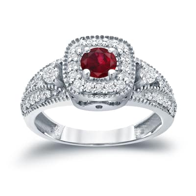 Round 1/5ct Red Ruby and 2/5ct TDW Diamond Halo Engagement Ring in 14k Gold by Auriya