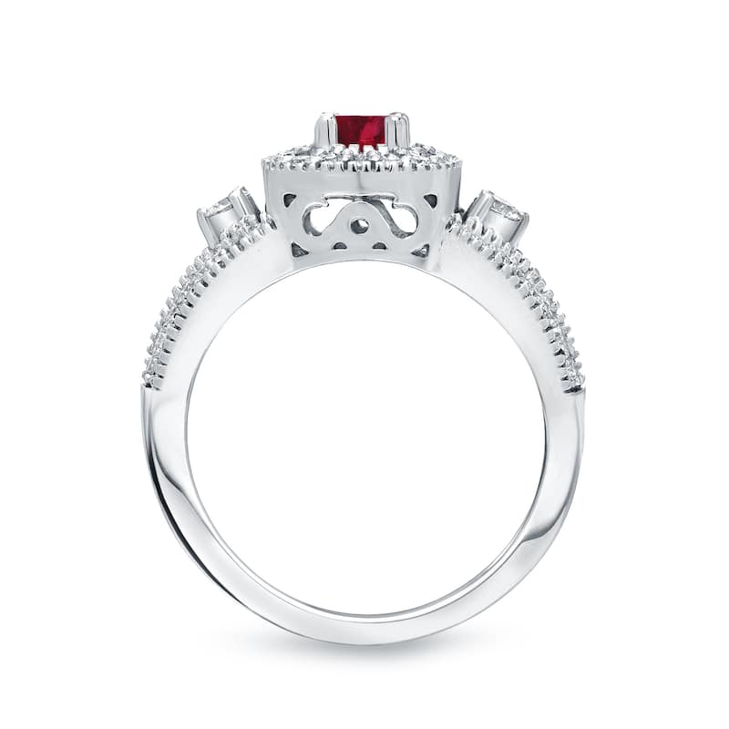 Round 1/5ct Red Ruby and 2/5ct TDW Diamond Halo Engagement Ring in 14k Gold by Auriya