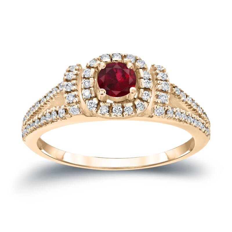 Round 1/5ct Red Ruby and 1/3ct TDW Diamond Halo Engagement Ring in 14k Gold by Auriya