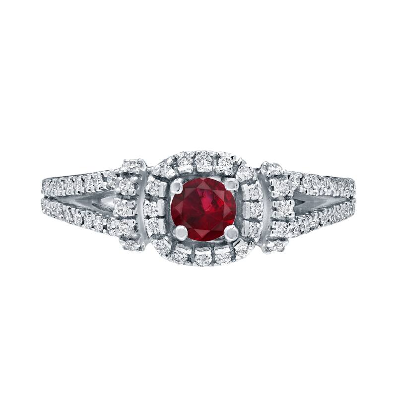 Round 1/5ct Red Ruby and 1/3ct TDW Diamond Halo Engagement Ring in 14k Gold by Auriya