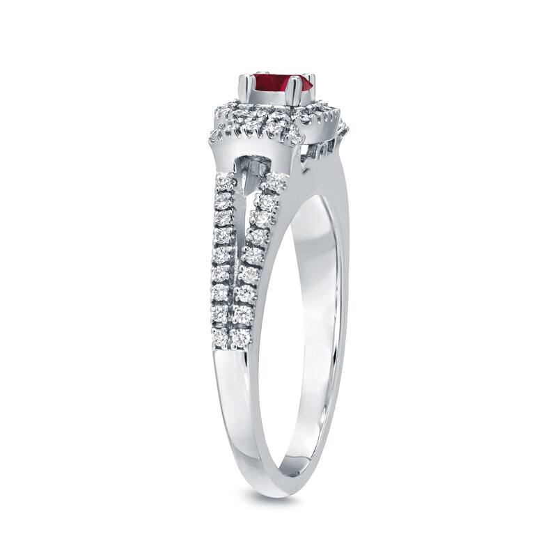 Round 1/5ct Red Ruby and 1/3ct TDW Diamond Halo Engagement Ring in 14k Gold by Auriya