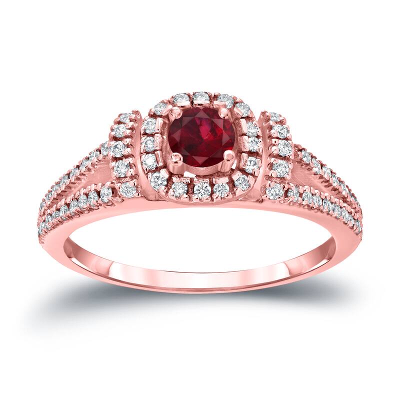 Round 1/5ct Red Ruby and 1/3ct TDW Diamond Halo Engagement Ring in 14k Gold by Auriya