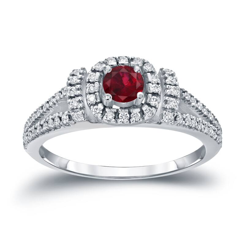 Round 1/5ct Red Ruby and 1/3ct TDW Diamond Halo Engagement Ring in 14k Gold by Auriya