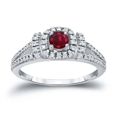 Round 1/5ct Red Ruby and 1/3ct TDW Diamond Halo Engagement Ring in 14k Gold by Auriya