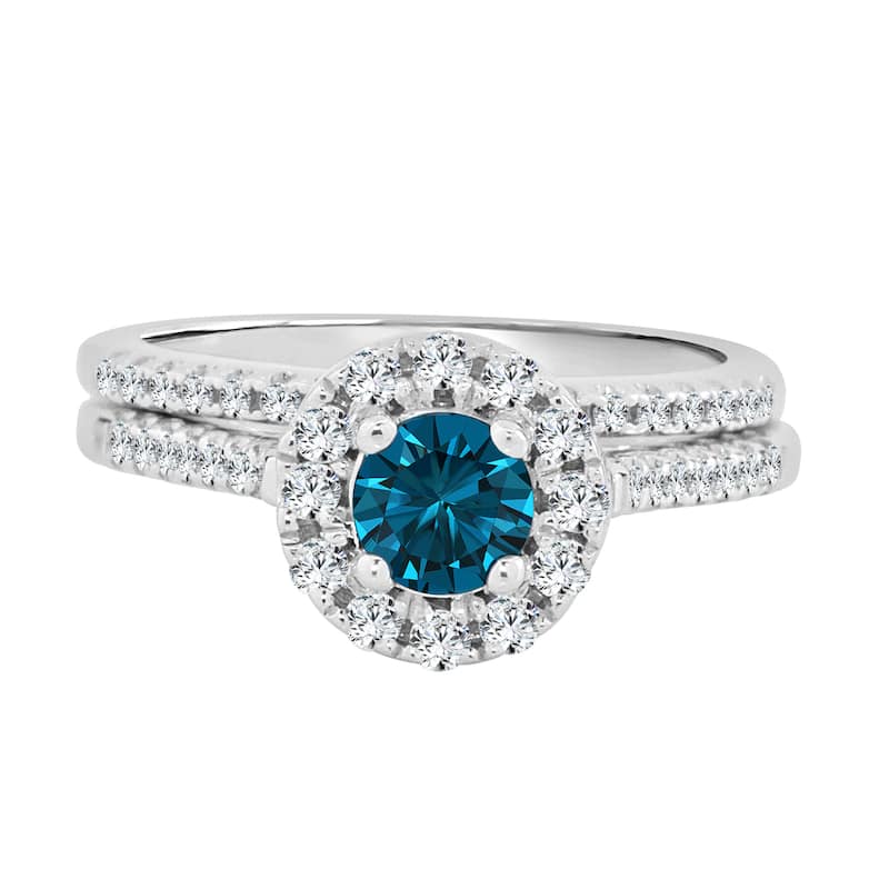 Auriya 3/4ctw Blue Round Halo Diamond Engagement Ring Set 14k Gold