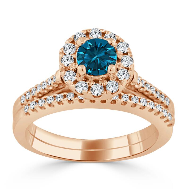 Auriya 3/4ctw Blue Round Halo Diamond Engagement Ring Set 14k Gold