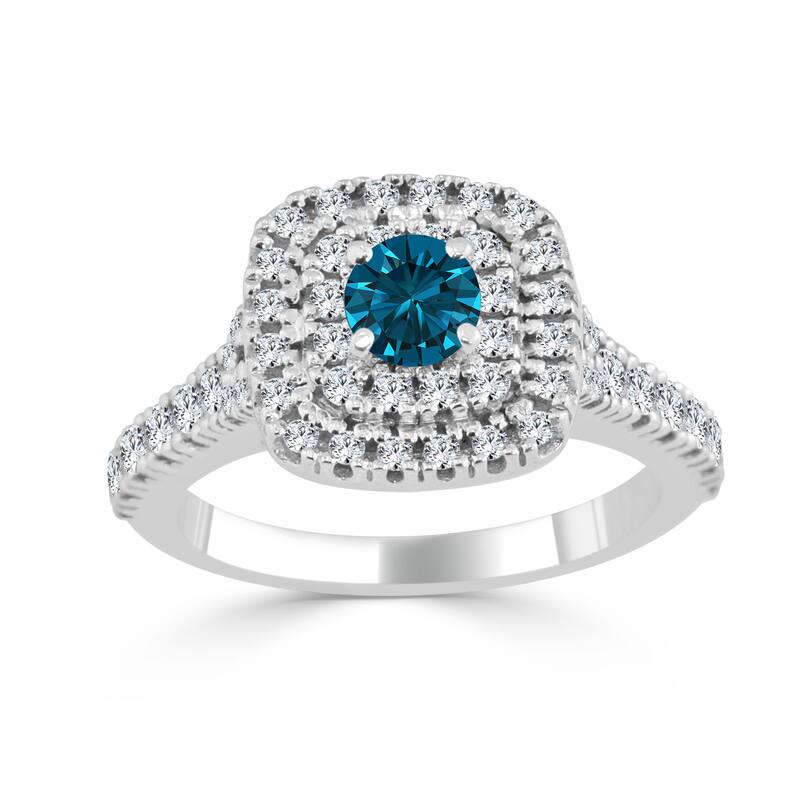 14k Gold 1ct TDW Round Blue Diamond Halo Engagement Ring by Auriya