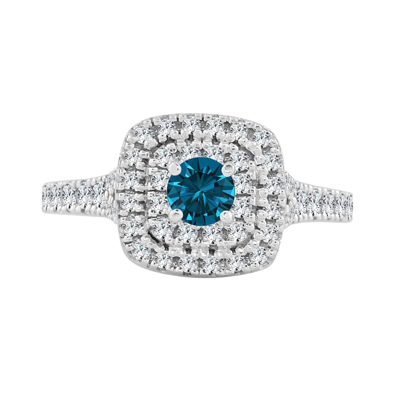 14k Gold 1ct TDW Round Blue Diamond Halo Engagement Ring by Auriya