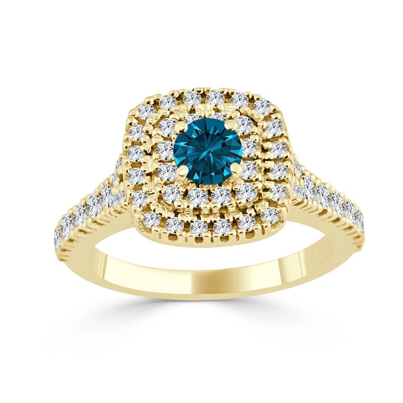 14k Gold 1ct TDW Round Blue Diamond Halo Engagement Ring by Auriya