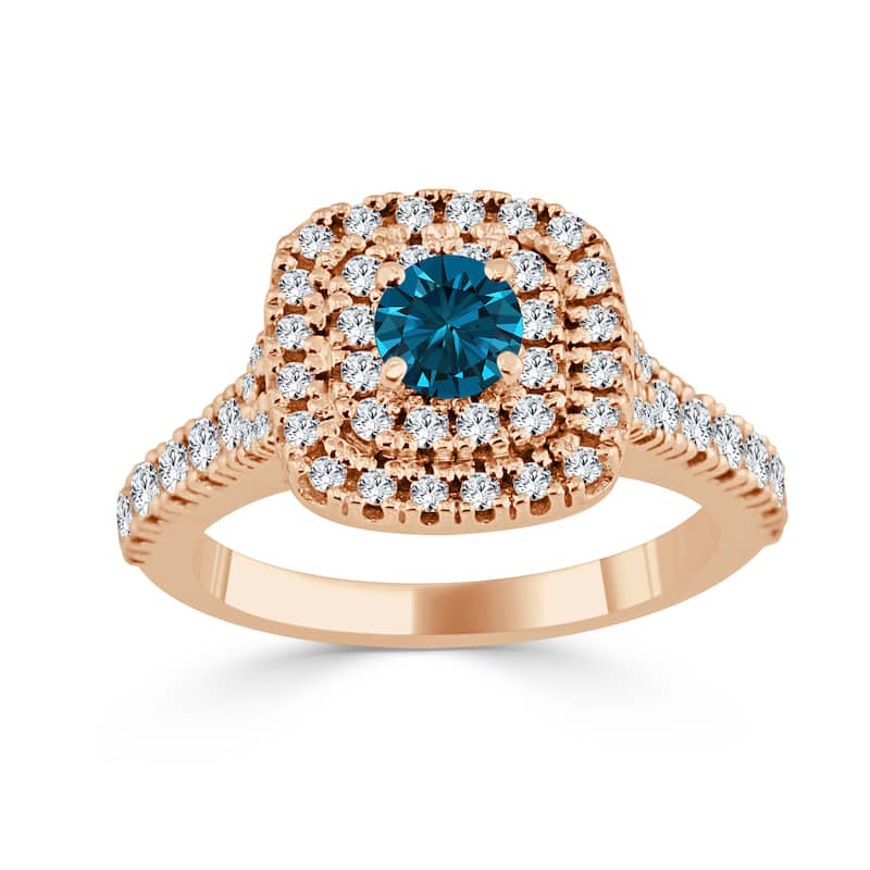 14k Gold 1ct TDW Round Blue Diamond Halo Engagement Ring by Auriya