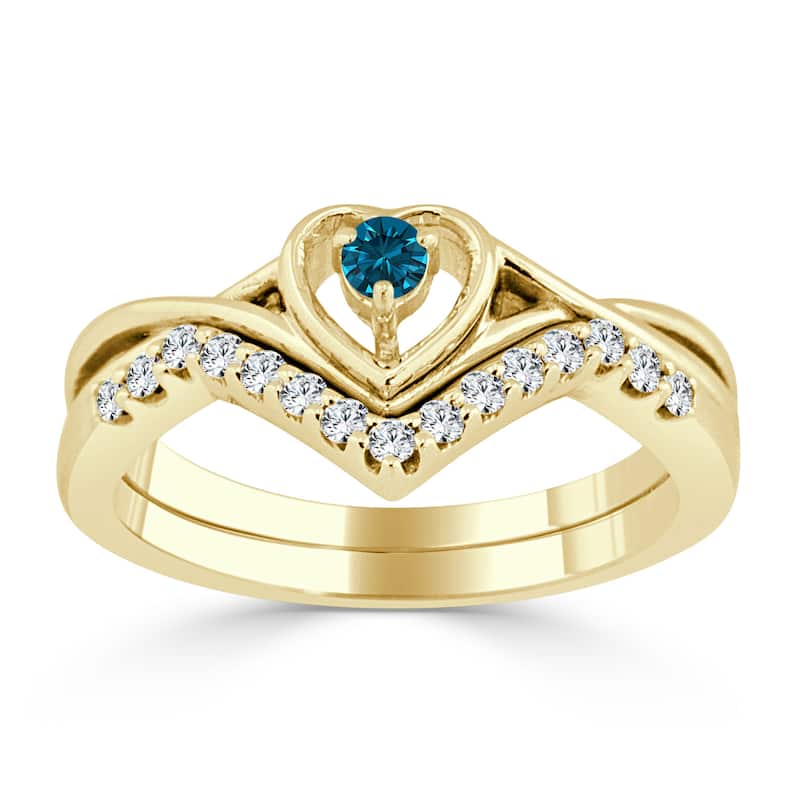 Auriya 1/4ctw Blue Diamond Accent Heart Engagement Ring Set 14k Gold - 4 - Yellow