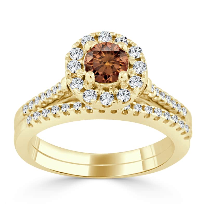 14k Gold 3/4ct TDW Brown Diamond Halo Engagement Ring Set by Auriya